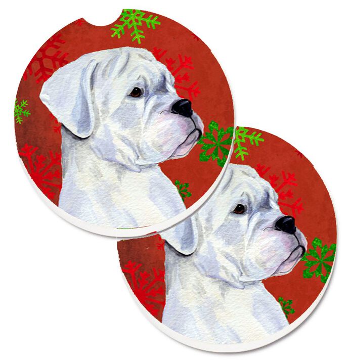 Caroline's Treasures Boxer Red & green Snowflakes Holiday Christmas Set of 2 Cup Holder Car Coasters SS4716CARC, 2.56, Multicolor