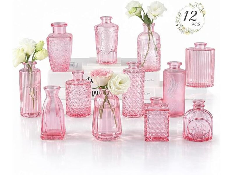 Set of 12 Pink Glass Bud Vases &ndash; Small Vintage Mini Bottles image number 0