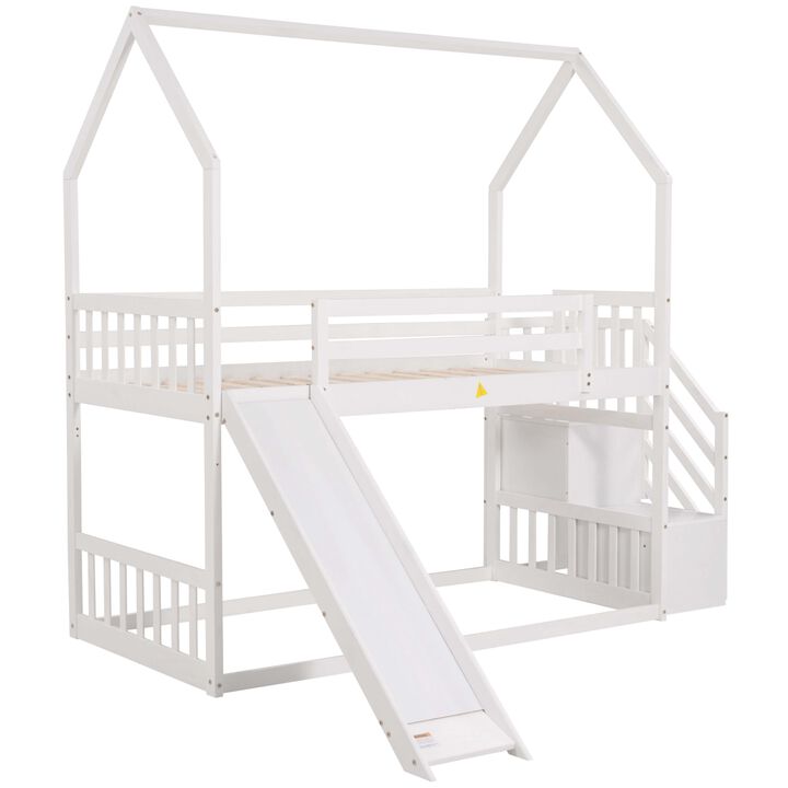 Twin over Twin House Bunk Bed with Convertible Slide, Storage Staircase, White