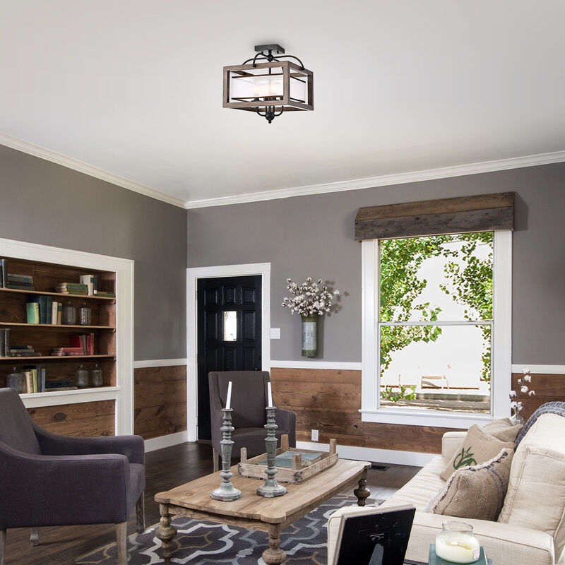 Karin 4-light Antique Black Metal Natural Wood Flush Mount with Fabric Shade image number 2