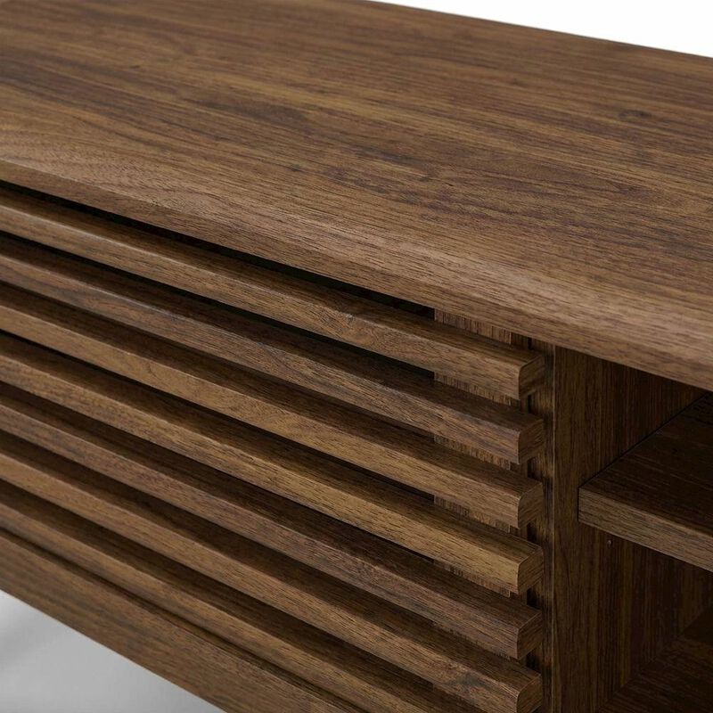 Brown wood entertainment center with spacious TV stand and sleek design image number 5