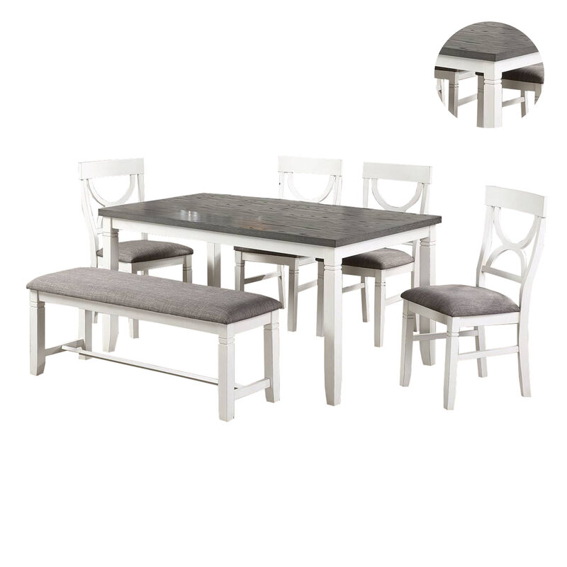 6 Piece Dining Set with Cut Out Back Chairs and Padded Bench, White and Gray - Benzara