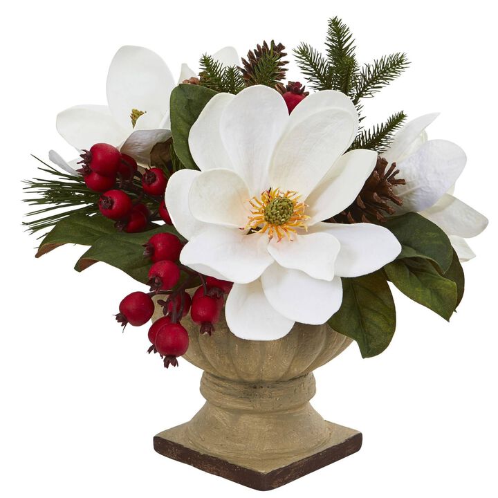 Nearly Natural 15-in Magnolia, Pine and Berries Artificial Arrangement