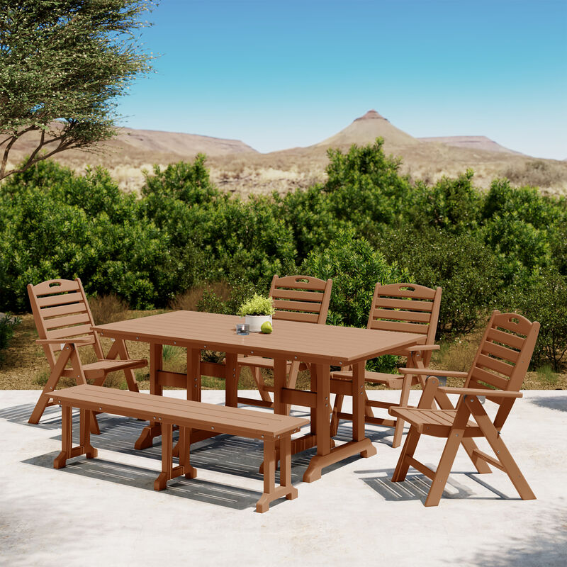 WestinTrends 6-Piece HDPE Rectangular Patio Dining Table Set with Foldable Chairs and Patio Bench