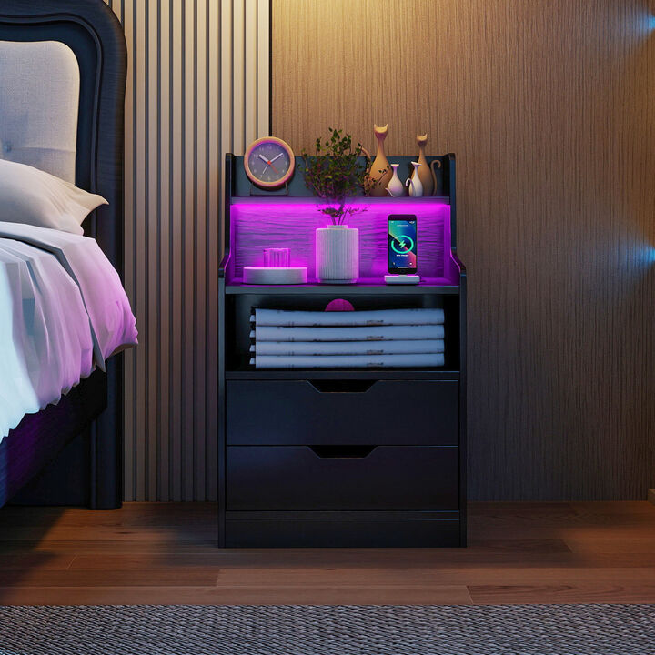 Nightstand End Table with LED Light and Charging Station for Bedroom and Living Room