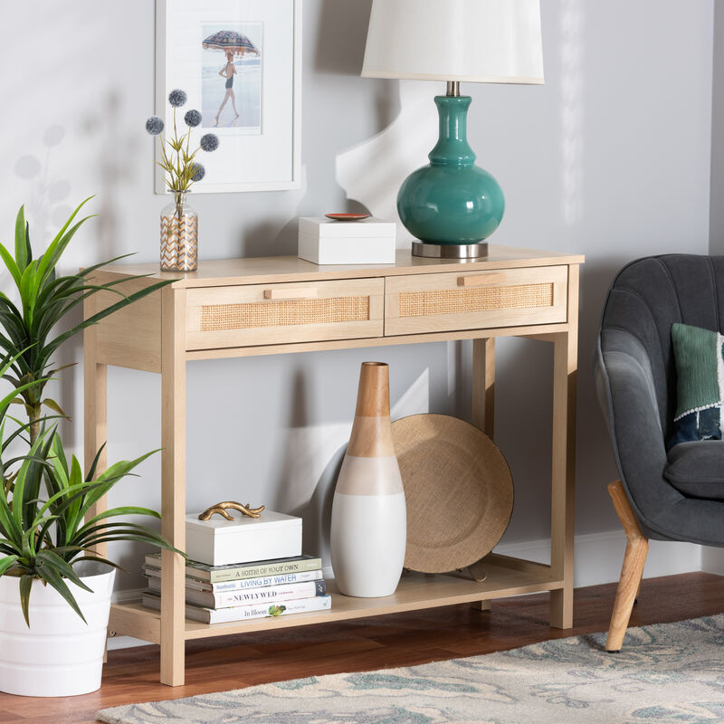 Baxton Studio Sebille Mid Century Light Brown Finished 2 Drawer Console Rattan Table image number 1