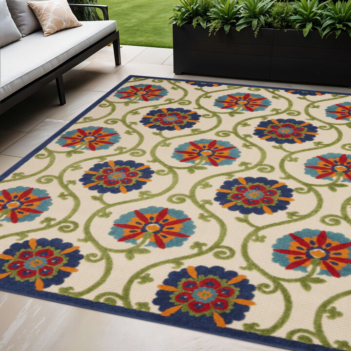 HomeRoots 5' X 8' Navy Blue Beige Green Blue And Red Floral Indoor Outdoor Area Rug