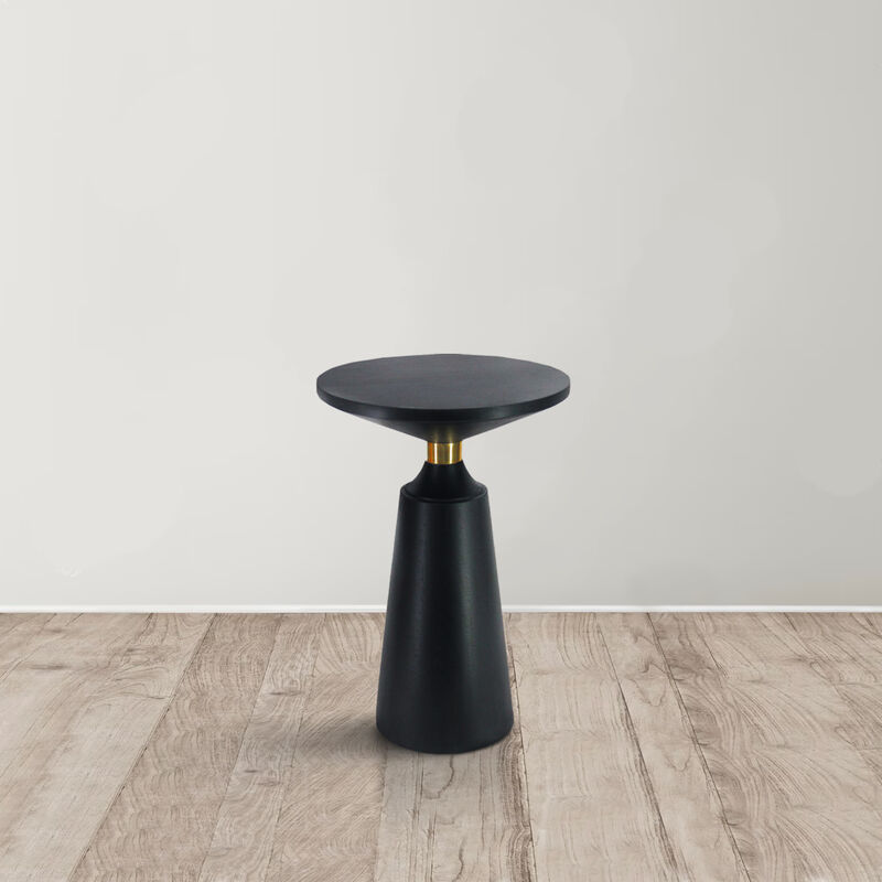 Fawn 20 Inch Side End Table, Black Mango Wood Round Top with Pedestal Base, Shiny Brass Support image number 1
