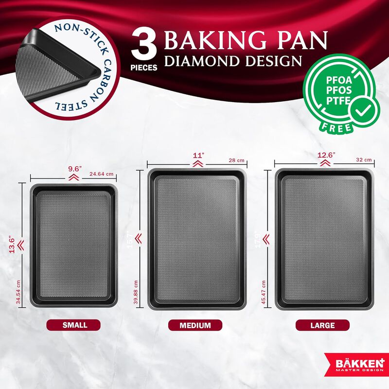 BAKKEN Kitchen Baking Pans - Small, Medium, and Large Cookie Pan (13.58&times;9.65, 15.75&times;11, 17.91&times;12.60), Nonstick, Diamond Texture Bottom