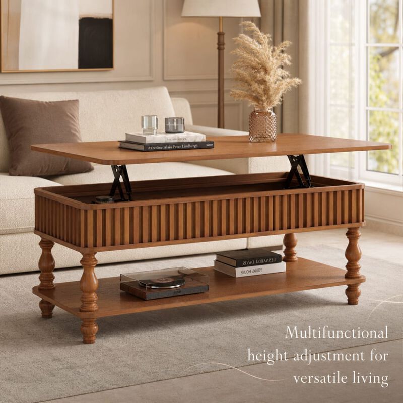 GOODSILO 47.24 Inch Lift Top Coffee Table, Solid Wood Construction, Tool-Free Assembly, Fluted Details, Roman Legs, Dual Storage for Living Room Furniture image number 4