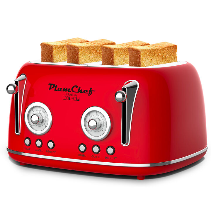4 Slice Retro Style Toaster, 1650W Dual Control Toaster , 6 Browning Settings, Removable Crumb Tray