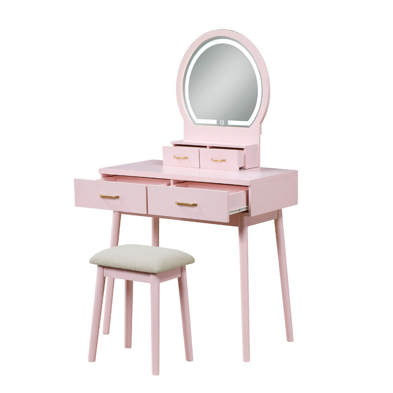 Anvy Vanity Desk Set with Mirror and Stool, 4 Drawers, Pink Wood