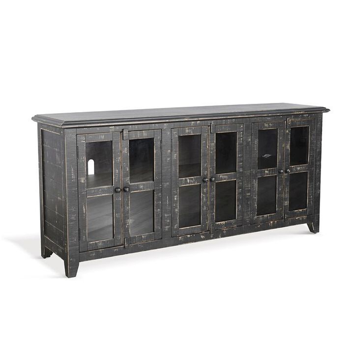 Rena TV Media Entertainment Console with Shelves, 70 Inch Rustic Black - Benzara