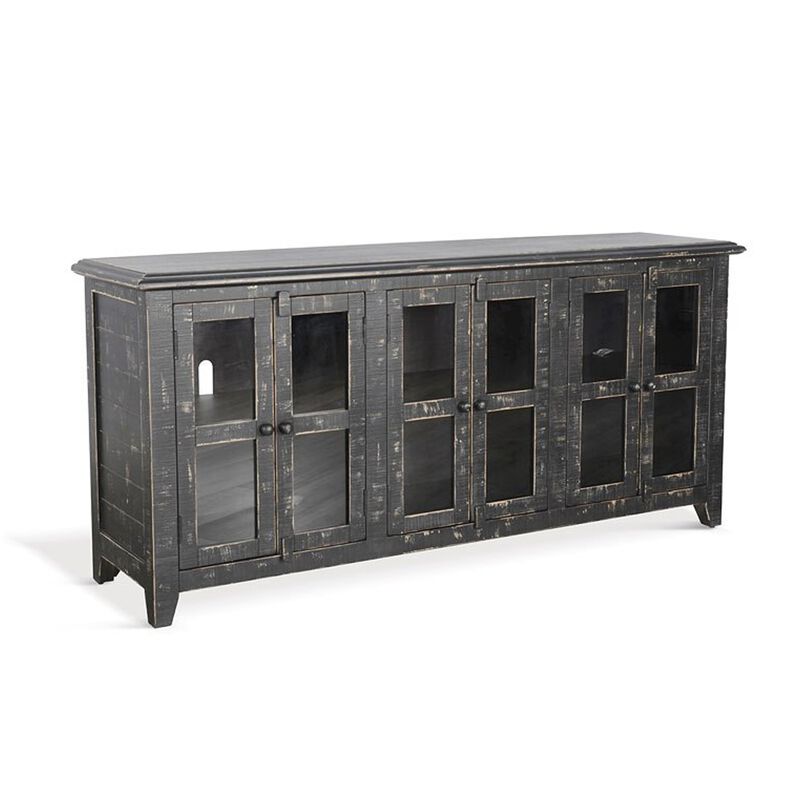 Rena TV Media Entertainment Console with Shelves, 70 Inch Rustic Black - Benzara