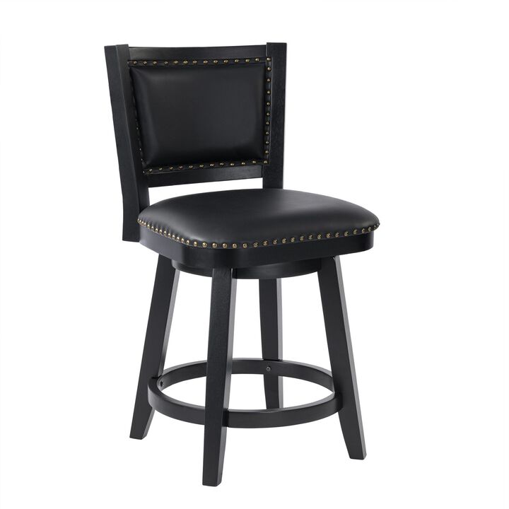 Kera Swivel Counter Height Stool Chair, Black Wood, Nailhead Faux Leather - Benzara