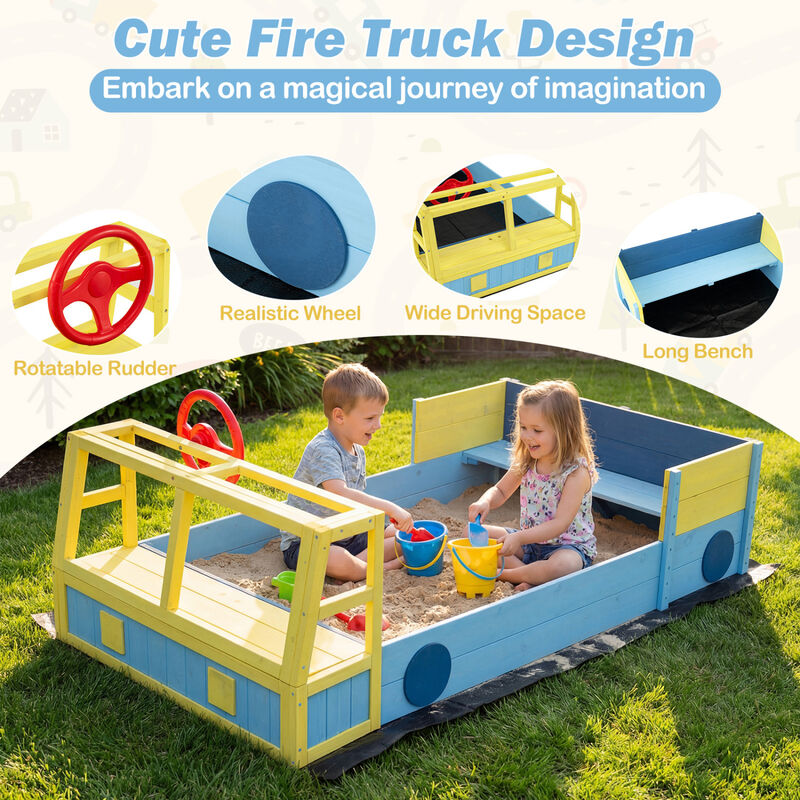 Large Car Style Sandbox with Wooden Frame and Bottom Liner for Kids Outdoor Play-Blue image number 3