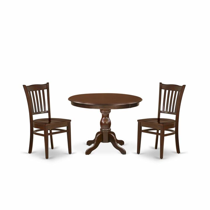 East West Furniture HBGR3-MAH-W 3 Piece Dining Room Set - Mahogany Wood Table and 2 Mahogany Kitchen & Dining Room Chairs with Slatted Back - Mahogany Finish