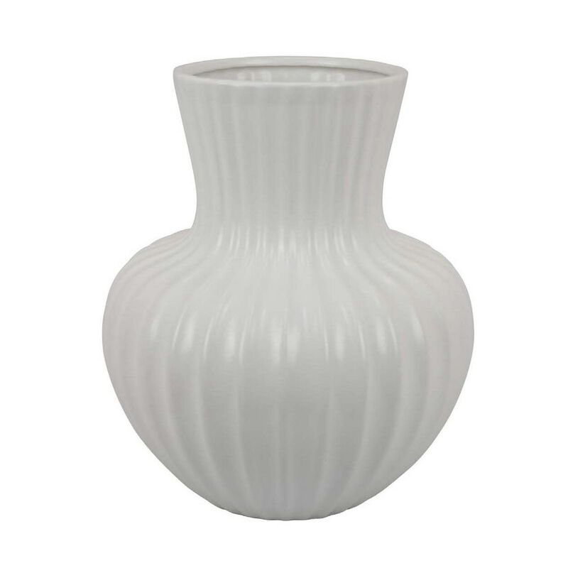 Decorative Vase, 14 Inch White Ceramic Body, Vertical Ribbed Pattern