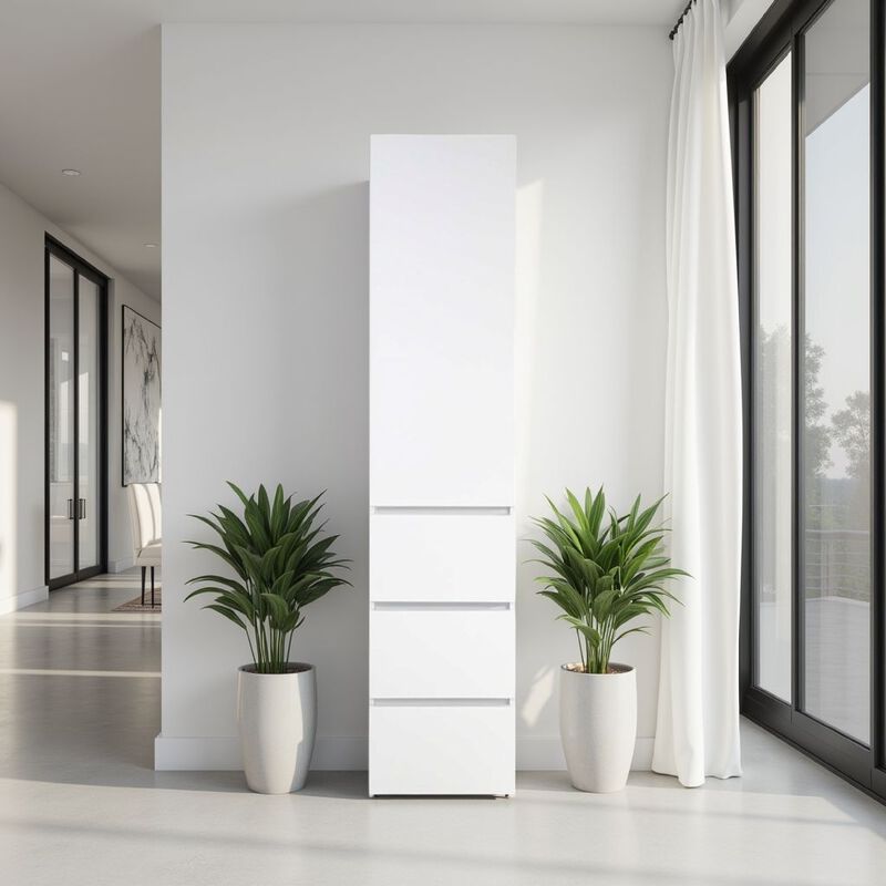 Ely Slim Closet Cabinet, 3 Drawers, 75 Inch, White Melamine and Wood image number 1