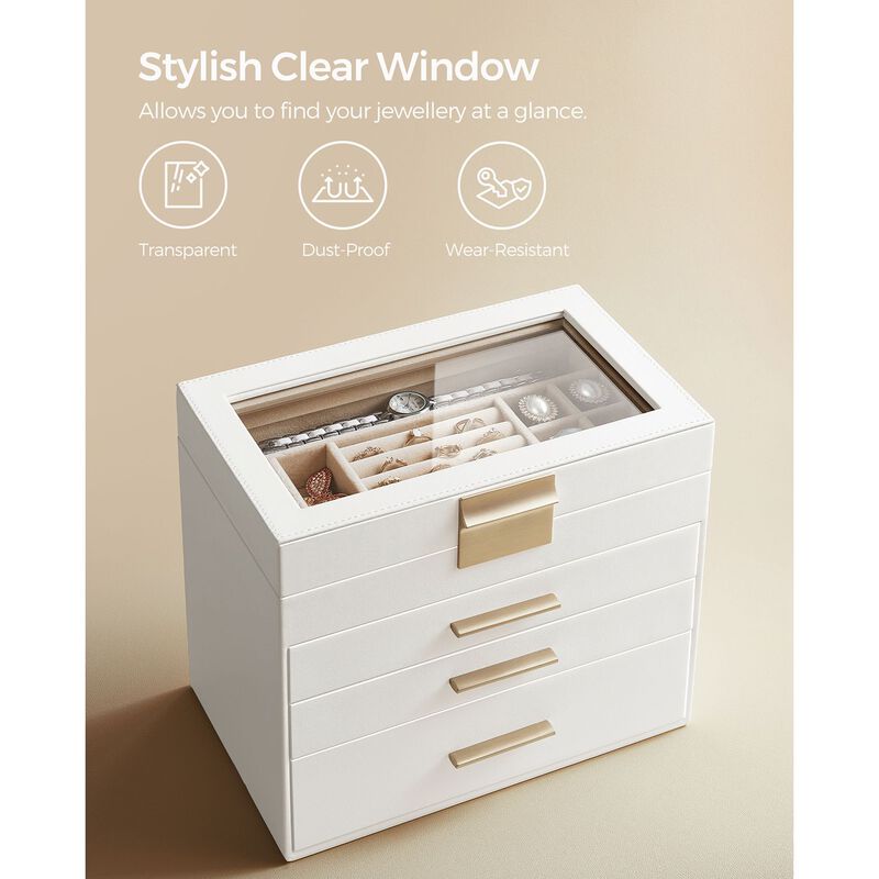 4-Layer Jewelry Box with Glass Lid and 3 Drawers - Modern Organizer for Sunglasses and Big Jewelry