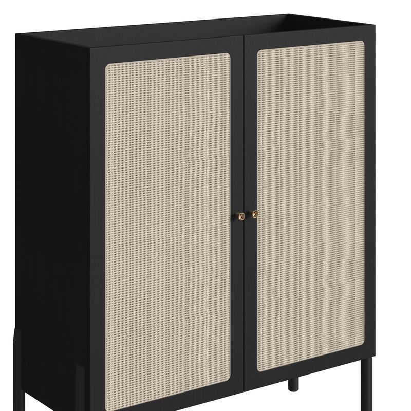 Boho 36.6" sideboard -Wood Legs and2 Rattan Door Cabinet