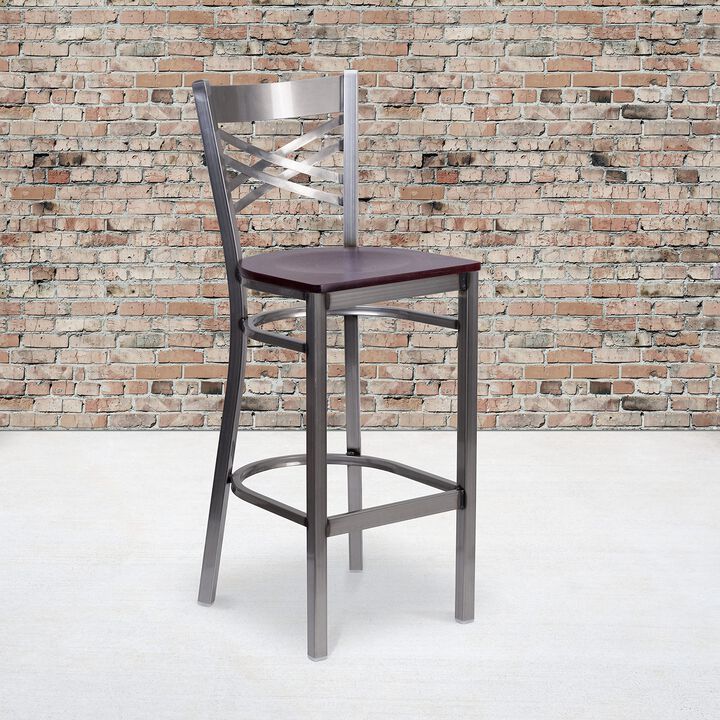 Flash Furniture HERCULES Series Clear Coated ''X'' Back Metal Restaurant Barstool - Mahogany Wood Seat