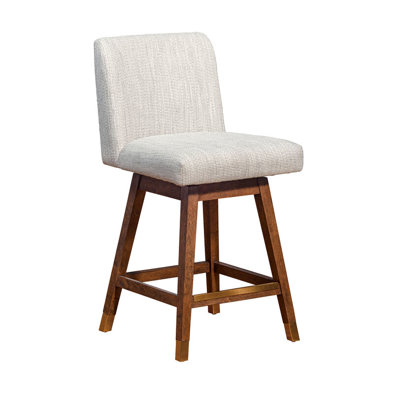 Basila Swivel Stool in Brown Oak Wood Finish with Beige Fabric