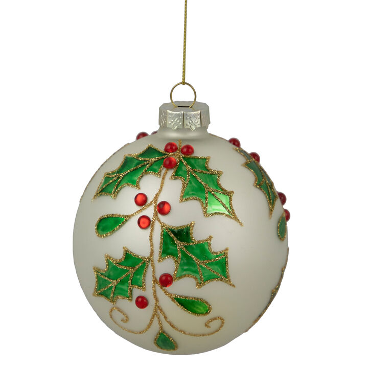 4.5" White Glass Christmas Ball Ornament with Holly Leaves