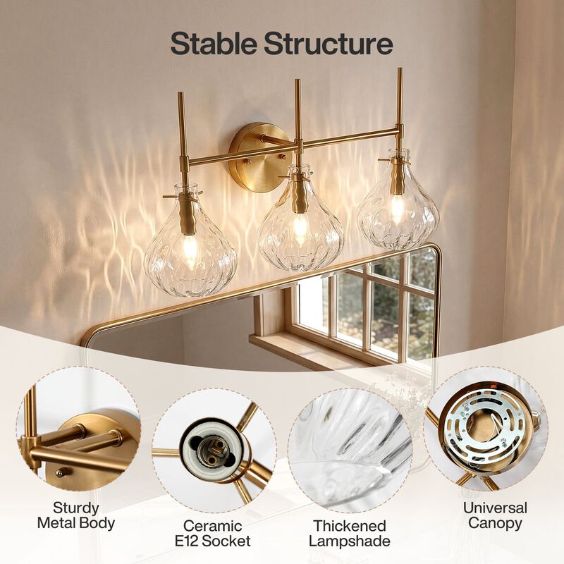 Bathroom Vanity Light, Three-Light Water Ripple Glass Shades image number 7