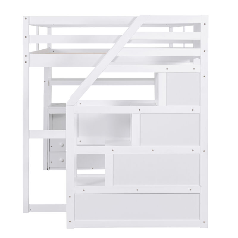 Merax  Loft Bed with Desk and Shelves, Two Built-in Drawers