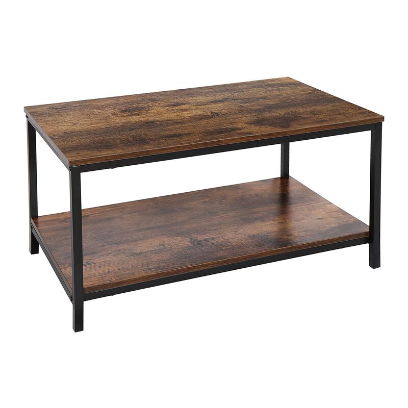 SUPER DEAL 2-Tier Industrial Coffee Table with Storage Shelf for Small Apartment Living Room, Rectangle Wood and Stable Metal TV