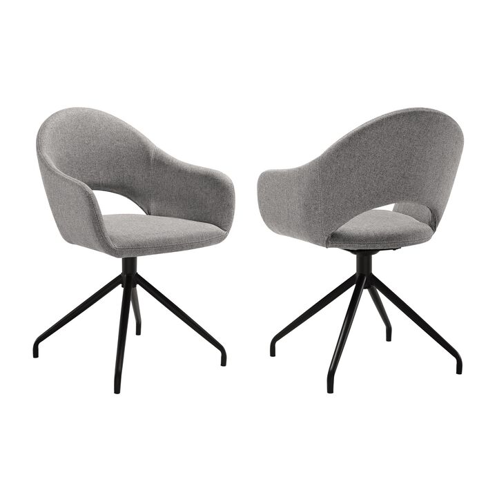 Tyra 23 Inch Swivel Dining Chair Set of 2, Curved Back, Gray, Black Finish - Benzara