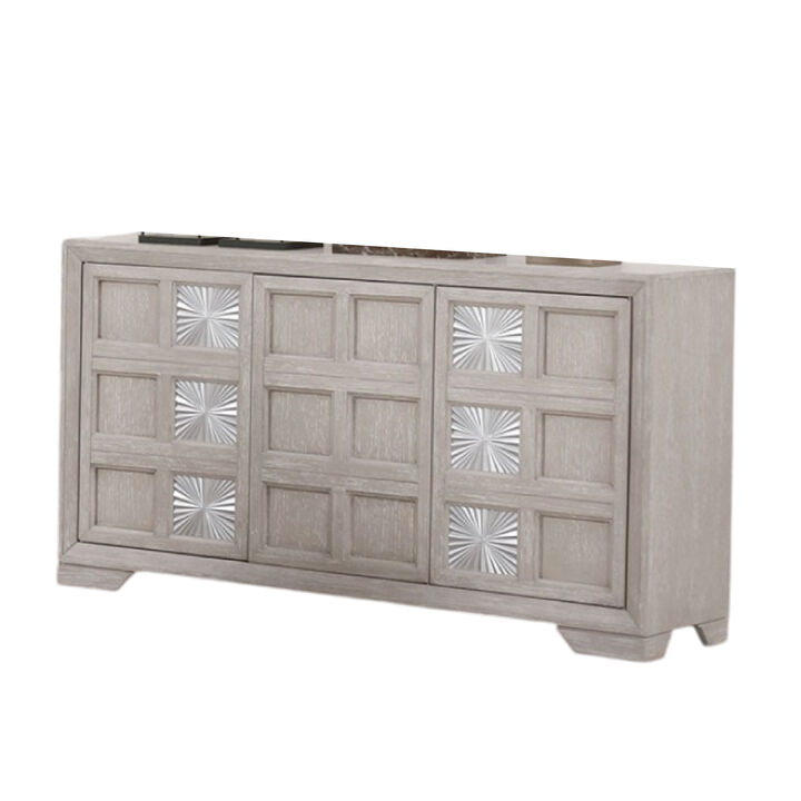 Diaz Sideboard Buffet Console, 3 Doors, Sunburst Pattern, Light Gray - Benzara