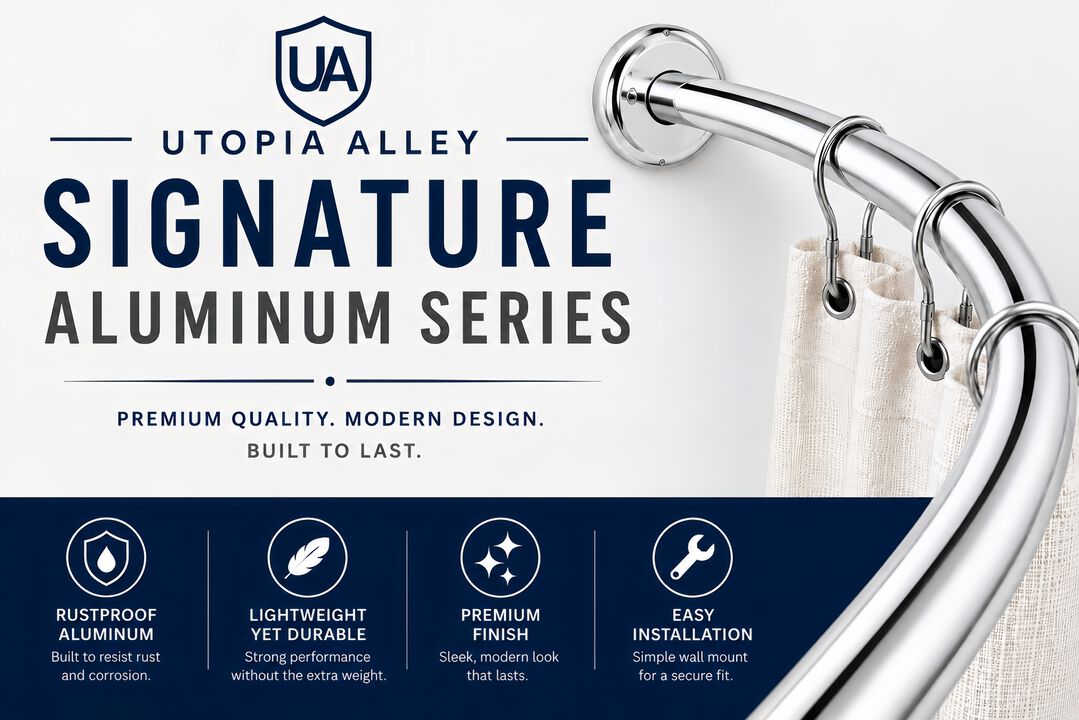 Utopia Alley Signature Aluminum Series Curved Shower Curtain Rod - Rustproof Aluminum Wall Mount Rod, Adjustable 45 to 72 Inch, Adds Up to 8 Inches of Extra Shower Space