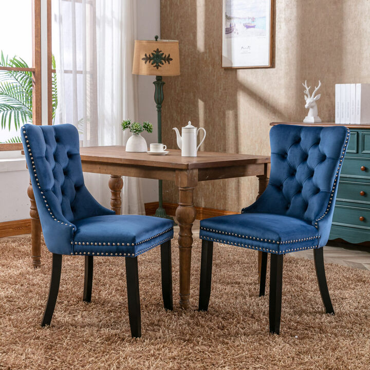 Modern, High-end Tufted Solid Wood Contemporary Velvet Upholstered Dining Chair with Wood Legs Nailhead Trim 2-Pcs Set, Blue