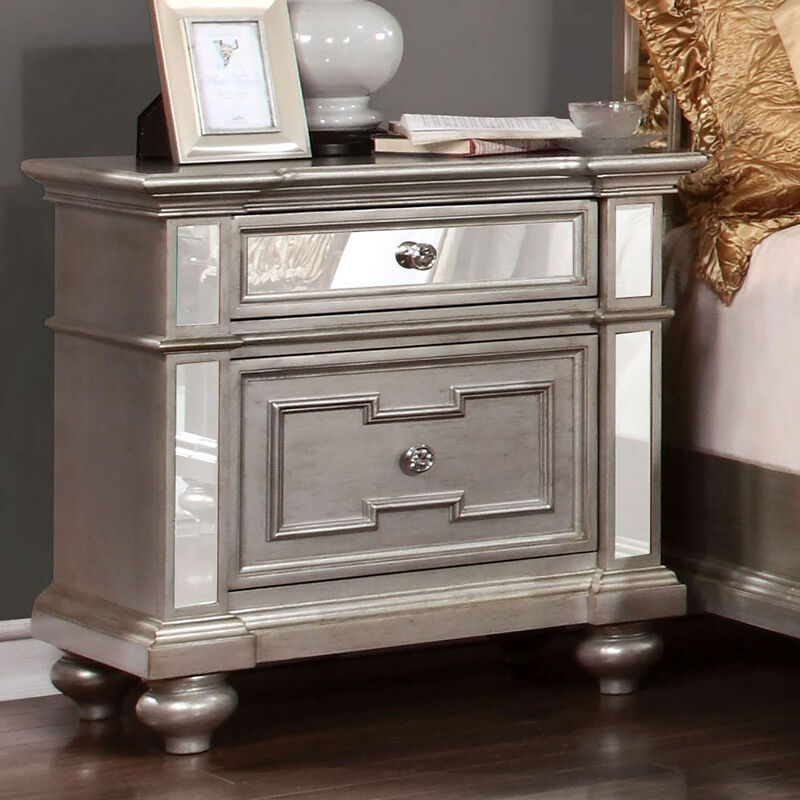 Streamdale Glam Silver Nightstand with Mirrored Accents