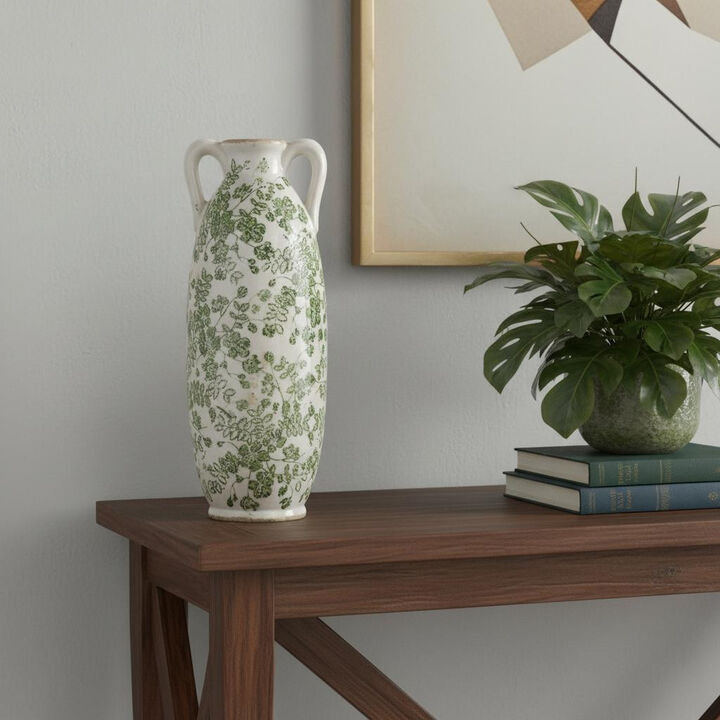 HomeRoots 14" Green And White Leaf Ceramic Amphora Table Vase