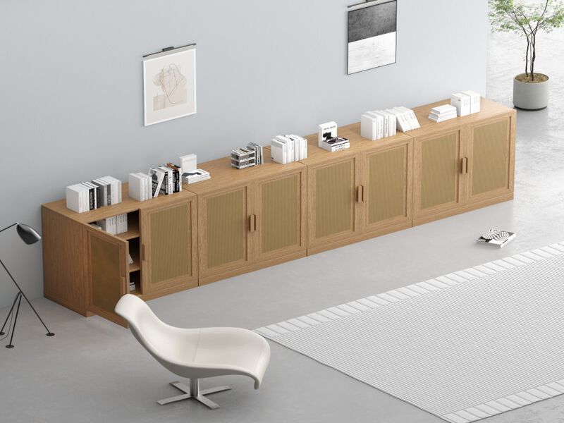 62" High Wicker Door Wood Grain Decorative Storage Cabinet with 12 Shelves