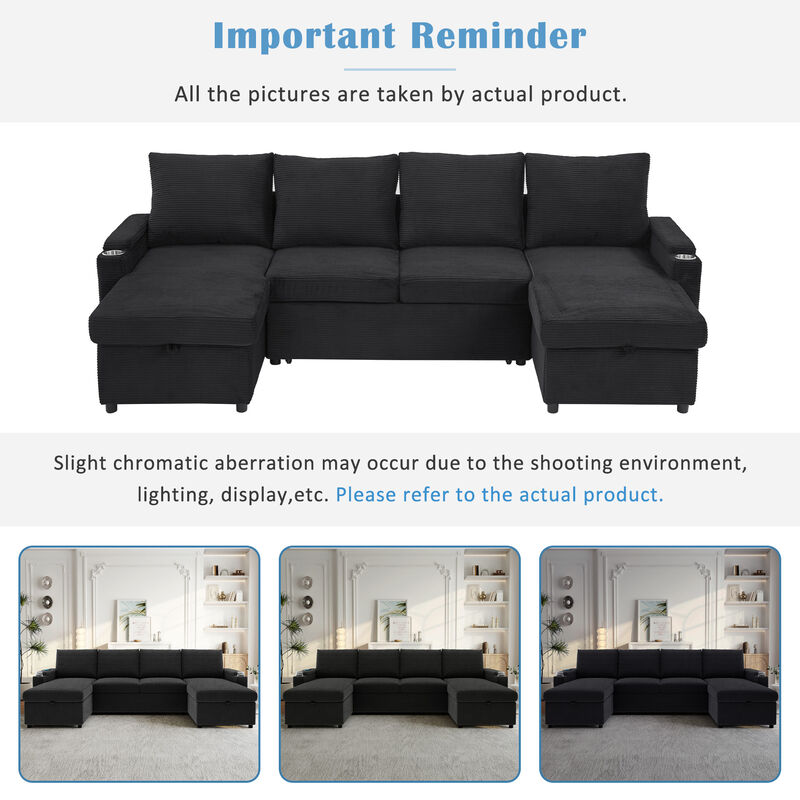 Merax Convertible Sofa Bed U-Shaped Sectional Sofa Modern Upholstered Sofa with Storage Chaise Lounges