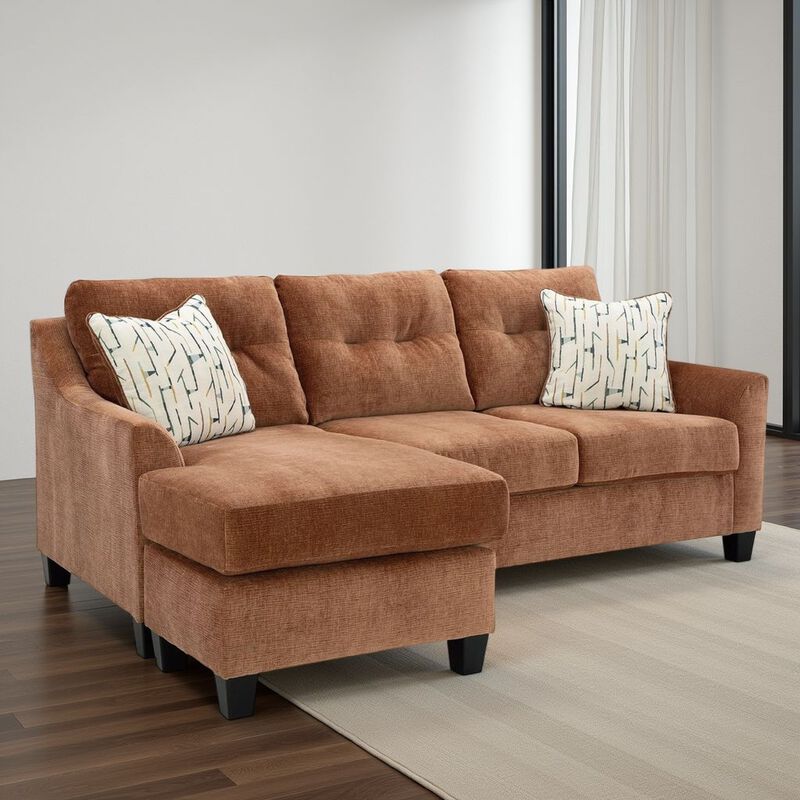 Emilia Sofa Chaise Sectional, 2 Pillows, Clay Brown Polyester 88 Inch - Benzara