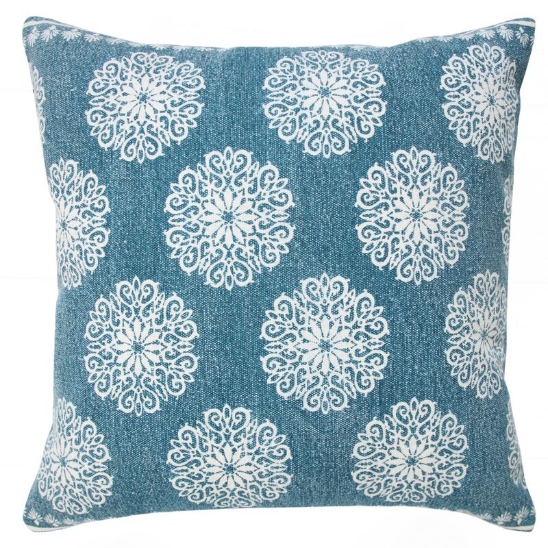 20" Blue and White Bohemian Floral Pattern Square Throw Pillow
