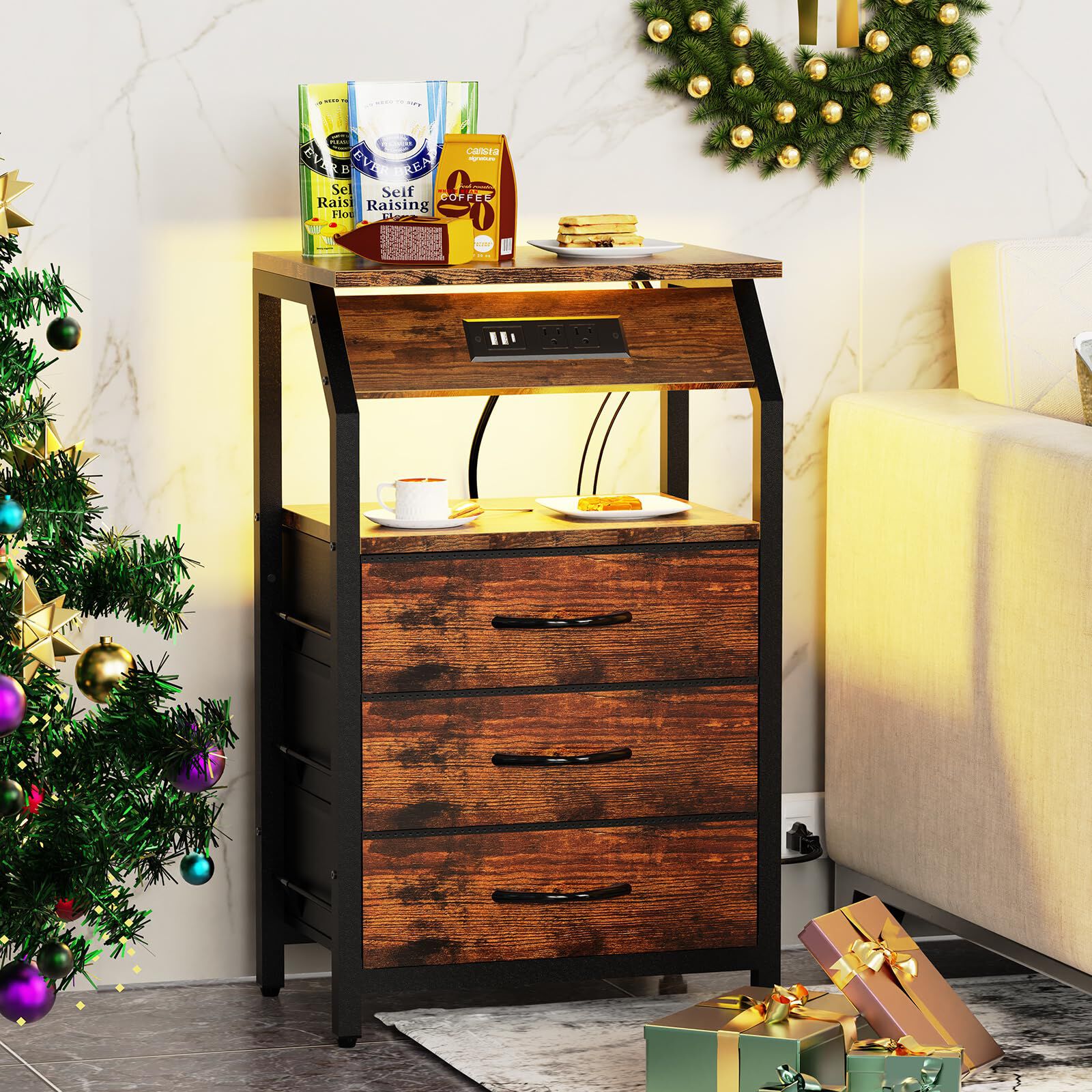 SZLHANJZ End Table with Charging Station, Nightstand with LED