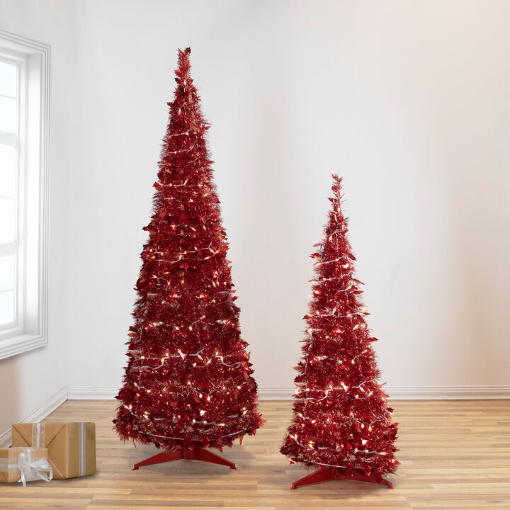 4' Pre-Lit Red Pop-Up Tinsel Christmas Tree  Clear Lights