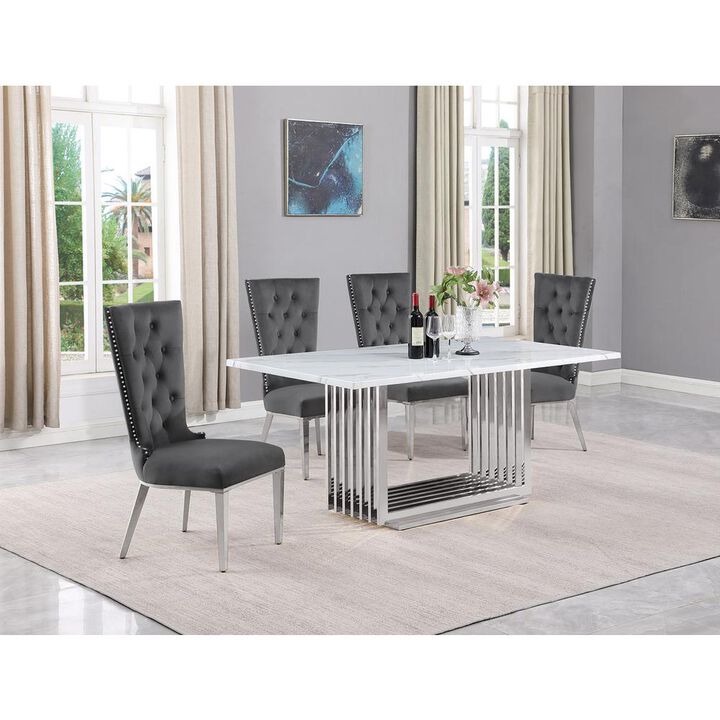 5pc Small(68") marble top dining set with silver base and 4 Dark grey chairs