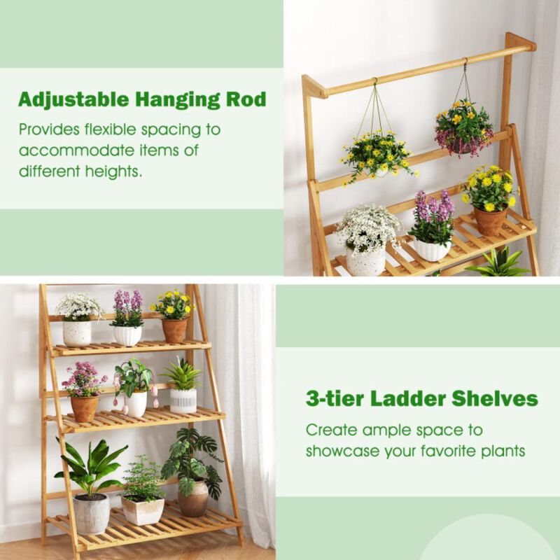 Hivvago 3 Tier Bamboo Hanging Plant Stand with Height Adjustable Hanger Rod
