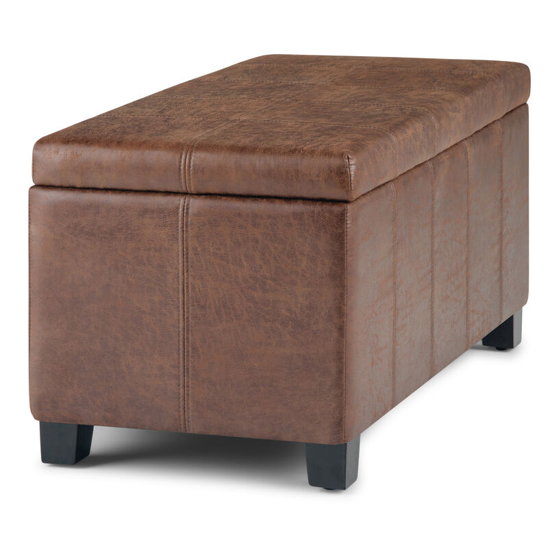 Dover 36 inch Wide Contemporary Rectangle Storage Ottoman Bench in Distressed Umber Brown Vegan Faux Leather, Assembled