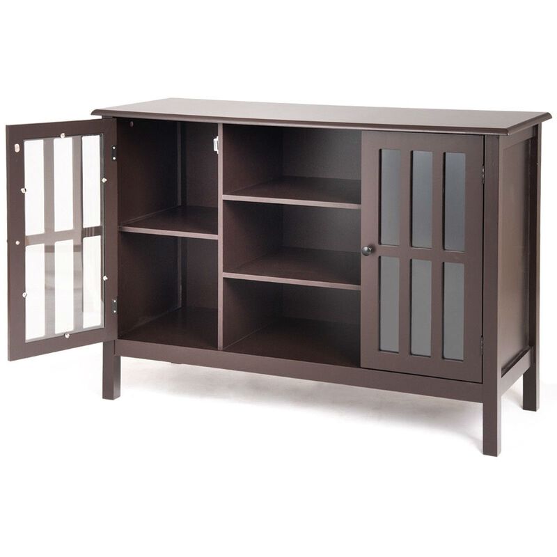 Hivvago Brown Wood Sofa Tale Console Cabinet with Tempered Glass Panel Doors