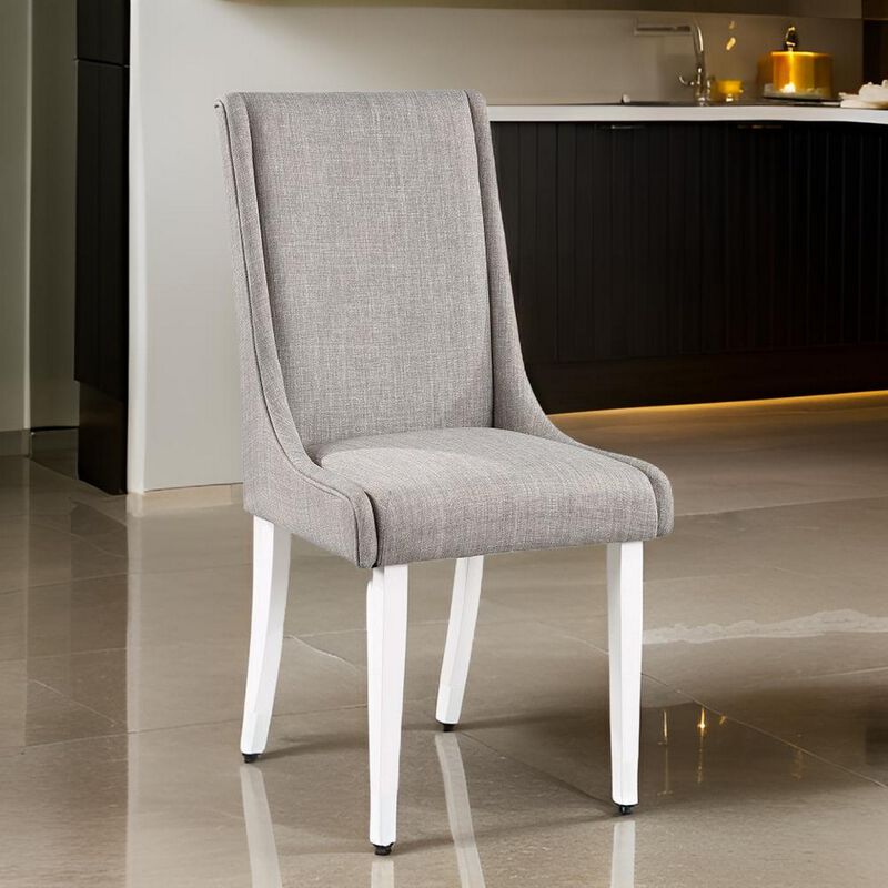 Joyce 25 Inch Side Dining Chair Set of 2, Wingback, Gray Linen, White Wood - Benzara