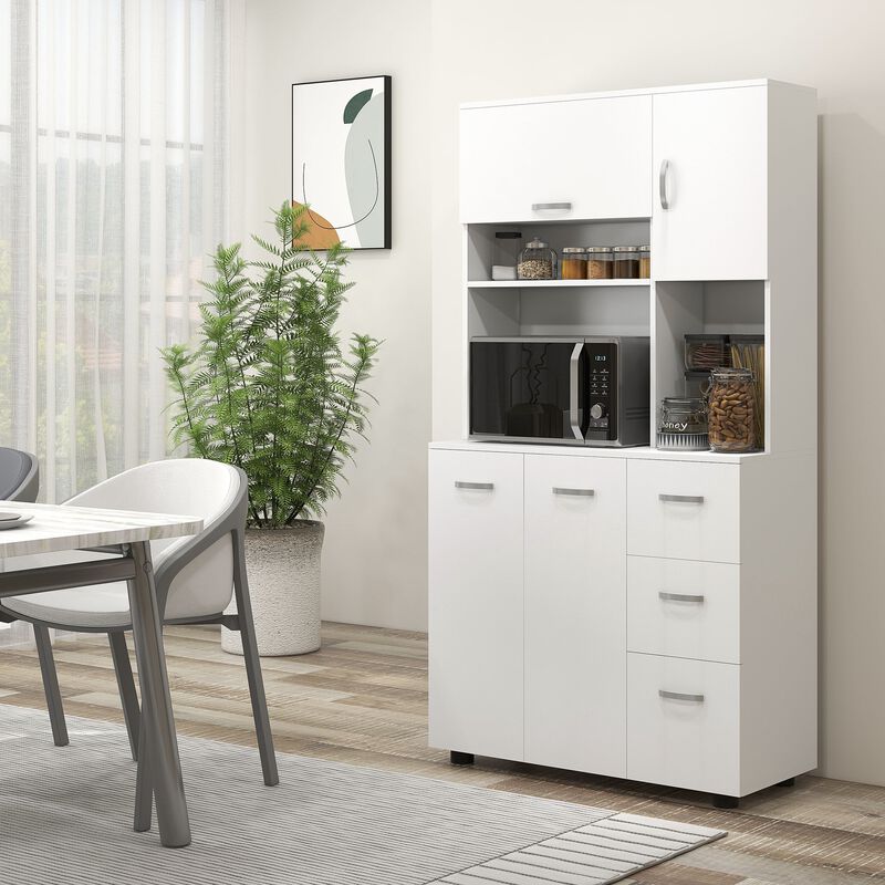 66" White Kitchen Pantry: Flip-Up Door, 3 Drawers, Countertop