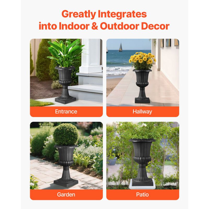 Classic Black Urn Flower Planters Set of 2 for Front Porch, Garden, Wedding & Home Decor image number 4